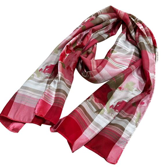 Pink plaid silky scarf gold metallic thread burnout stripes flowers sage & cream - Picture 8 of 8